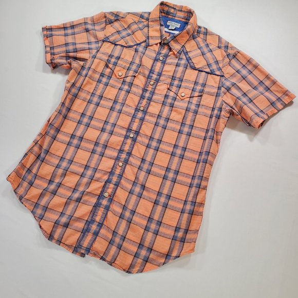 Guess Shirt Mens Medium Light Salmon Plaid Unique Wood Snap Rodeo Cowboy Western - Picture 7 of 15